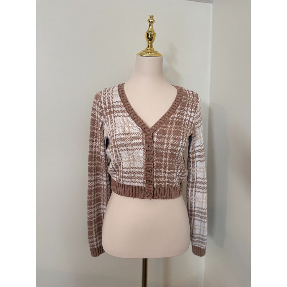 Hollister Plaid Cropped Cardigan Sweater M Brown Cream V-Neck Button Front